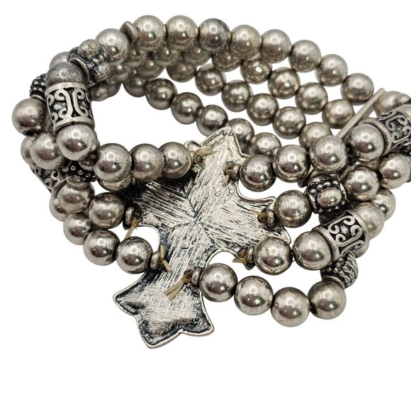 Silver Beaded Bracelet Multistrand Cross Faith Religious Grunge Rock Christian - Picture 8 of 16
